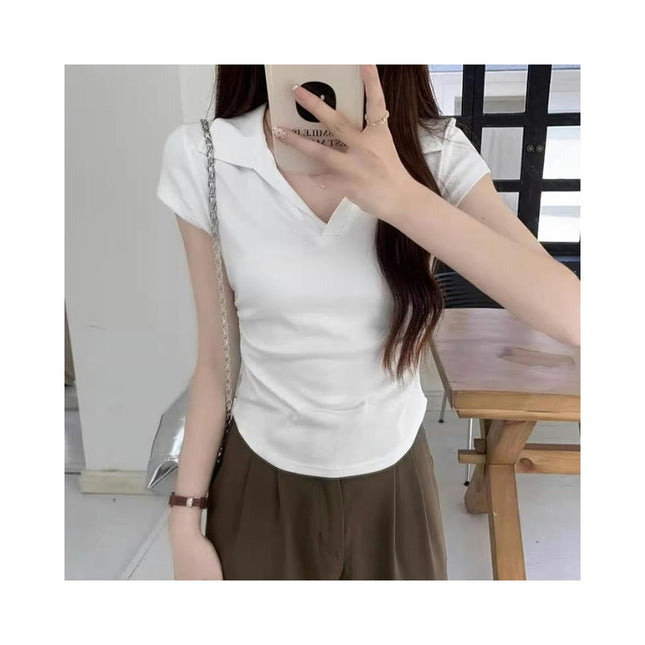 Women's Casual Short Sleeve V Neck Polo Collar Tee Shirt Crop Top