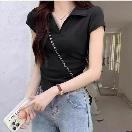 Women's Casual Short Sleeve V Neck Polo Collar Tee Shirt Crop Top