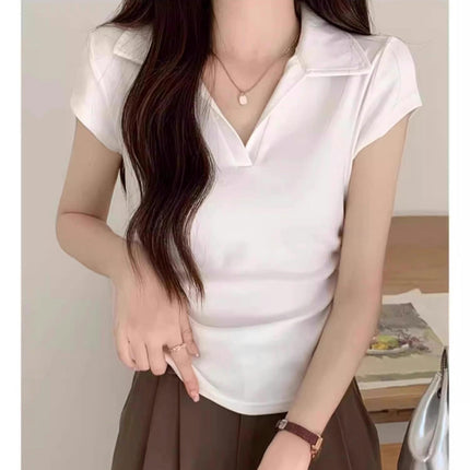 Women's Casual Short Sleeve V Neck Polo Collar Tee Shirt Crop Top