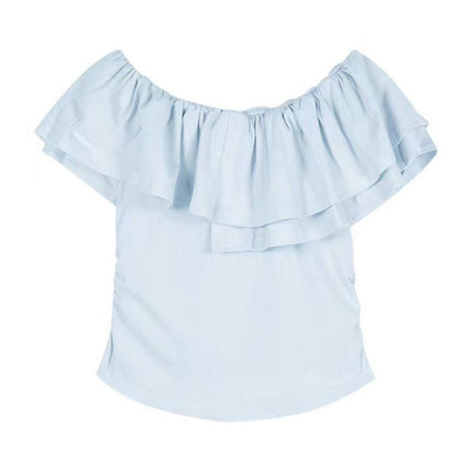 Women's Casual Short Sleeve Crop Top Ruffled Off Shoulder Slim Fit T Shirt