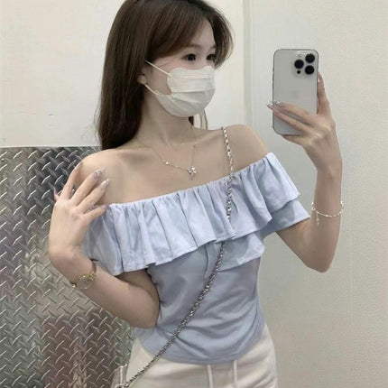 Women's Casual Short Sleeve Crop Top Ruffled Off Shoulder Slim Fit T Shirt