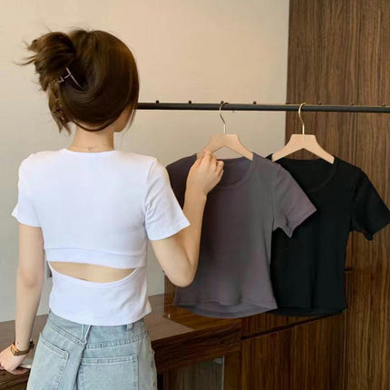 Womens Short Sleeve Crew Neck T Shirt Slim Fit Backless Summer Crop Tops