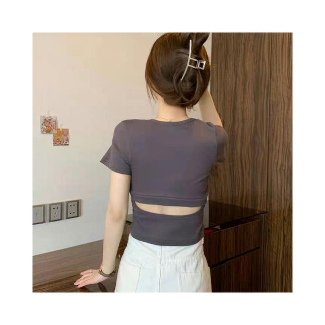 Womens Short Sleeve Crew Neck T Shirt Slim Fit Backless Summer Crop Tops