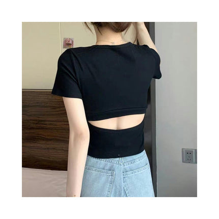 Womens Short Sleeve Crew Neck T Shirt Slim Fit Backless Summer Crop Tops