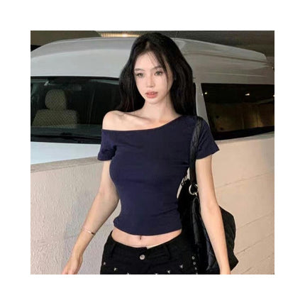 Women's Casual Short Sleeve Crop Top One Shoulder Slim Fit T Shirt