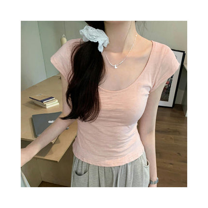 Women's Crop Tops Casual Short Sleeve Scoop Neck T Shirts Slim Fit Cropped Shirt