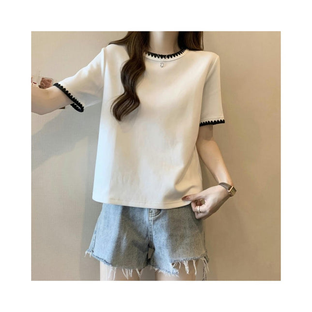 Women Color Block T-Shirts Crew Neck Short Sleeve Casual Loose Summer Tee Tops