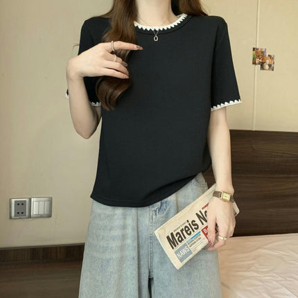 Women Color Block T-Shirts Crew Neck Short Sleeve Casual Loose Summer Tee Tops