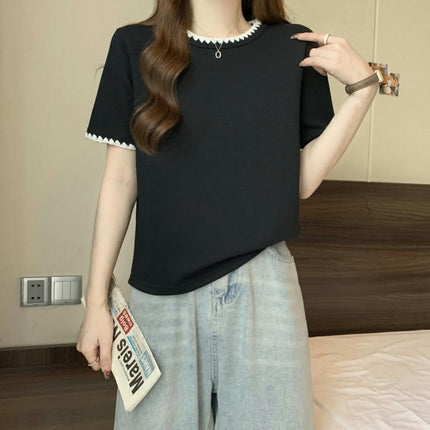 Women Color Block T-Shirts Crew Neck Short Sleeve Casual Loose Summer Tee Tops