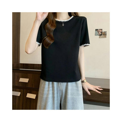 Women Color Block T-Shirts Crew Neck Short Sleeve Casual Loose Summer Tee Tops