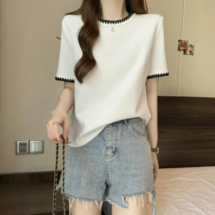 Women Color Block T-Shirts Crew Neck Short Sleeve Casual Loose Summer Tee Tops