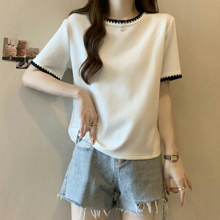 Women Color Block T-Shirts Crew Neck Short Sleeve Casual Loose Summer Tee Tops