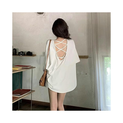 Women Criss Cross Backless Crew Neck T-Shirts Short Sleeve Casual Loose Summer Tee Tops