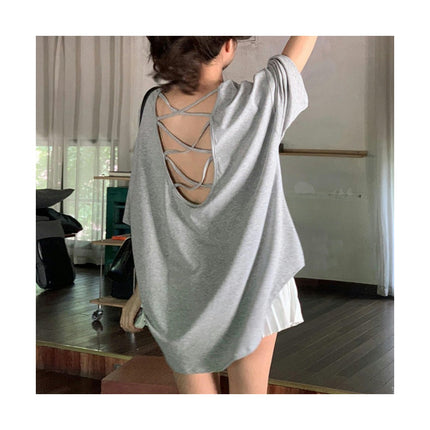 Women Criss Cross Backless Crew Neck T-Shirts Short Sleeve Casual Loose Summer Tee Tops