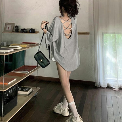 Women Criss Cross Backless Crew Neck T-Shirts Short Sleeve Casual Loose Summer Tee Tops