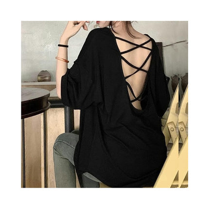 Women Criss Cross Backless Crew Neck T-Shirts Short Sleeve Casual Loose Summer Tee Tops