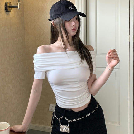 Women's Summer Short Sleeve Crop Top Off Shoulder Slim Fit T Shirt