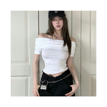 Women's Summer Short Sleeve Crop Top Off Shoulder Slim Fit T Shirt