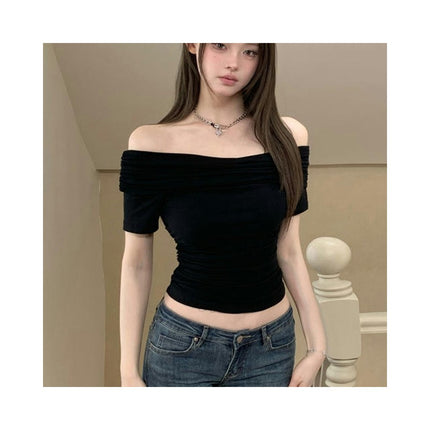 Women's Summer Short Sleeve Crop Top Off Shoulder Slim Fit T Shirt