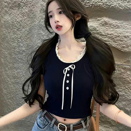 Women Summer Crop Tops Lace Trim Crew Neck Short Sleeve Slim Fit T Shirts