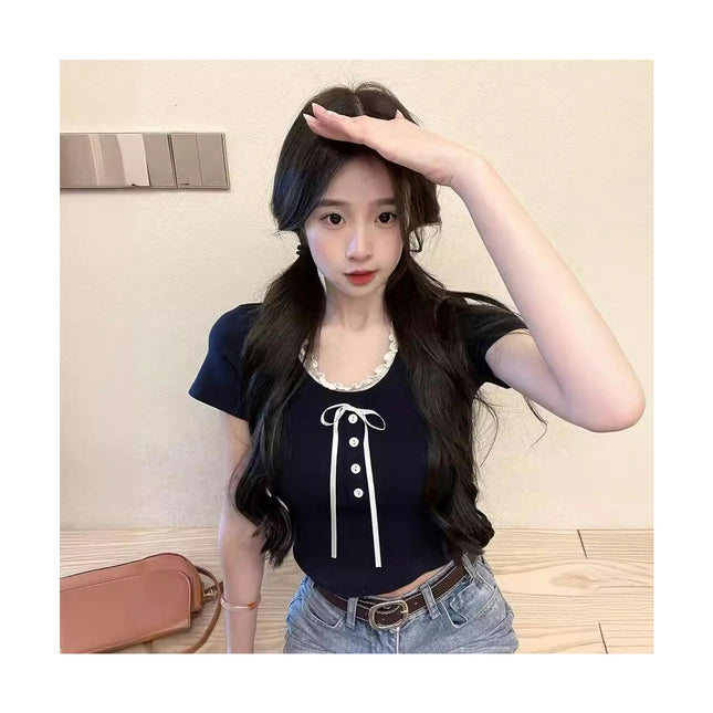 Women Summer Crop Tops Lace Trim Crew Neck Short Sleeve Slim Fit T Shirts