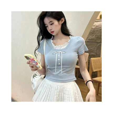 Women Summer Crop Tops Lace Trim Crew Neck Short Sleeve Slim Fit T Shirts