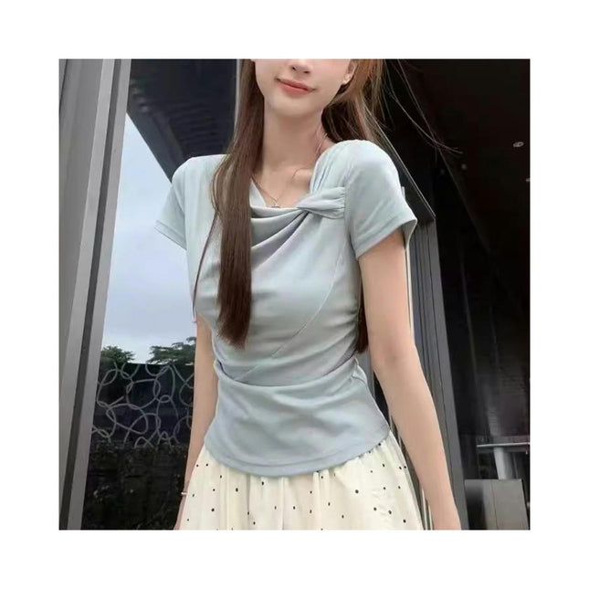 Women's Ruched Short Sleeve T Shirt Asymmetrical Neck Slim Fit Tops