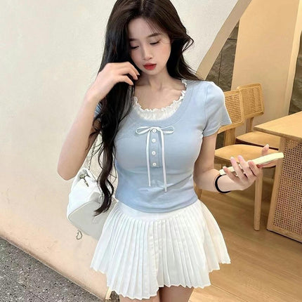 Women Summer Crop Tops Lace Trim Crew Neck Short Sleeve Slim Fit T Shirts