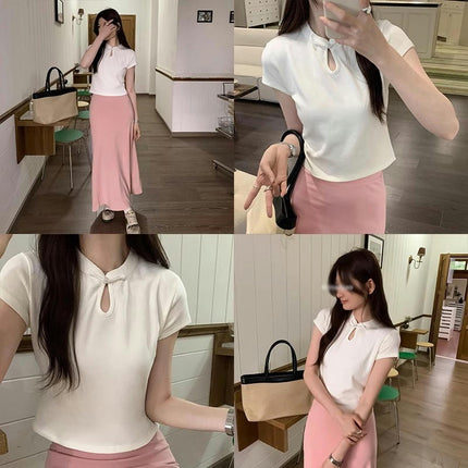 Women's Casual Short Sleeve Crop Top High Neck Cut Out Slim Fit T Shirt