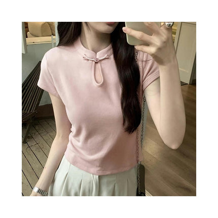 Women's Casual Short Sleeve Crop Top High Neck Cut Out Slim Fit T Shirt