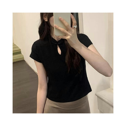 Women's Casual Short Sleeve Crop Top High Neck Cut Out Slim Fit T Shirt