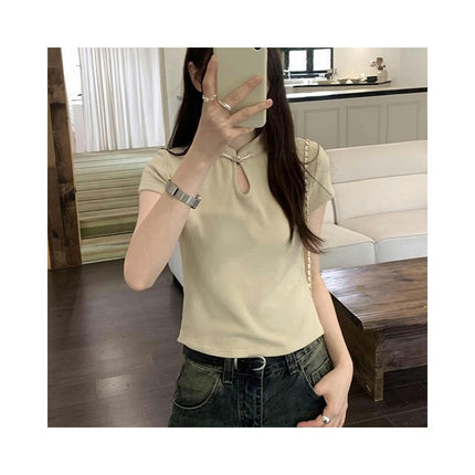 Women's Casual Short Sleeve Crop Top High Neck Cut Out Slim Fit T Shirt