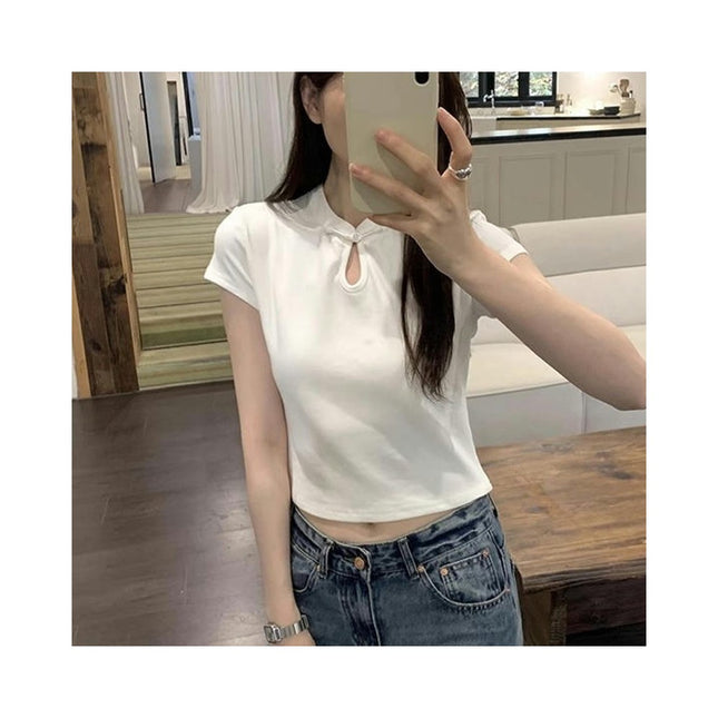 Women's Casual Short Sleeve Crop Top High Neck Cut Out Slim Fit T Shirt