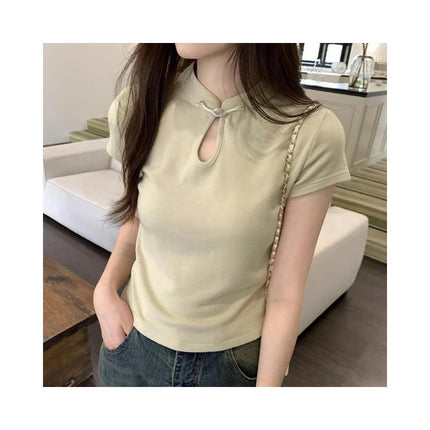 Women's Casual Short Sleeve Crop Top High Neck Cut Out Slim Fit T Shirt