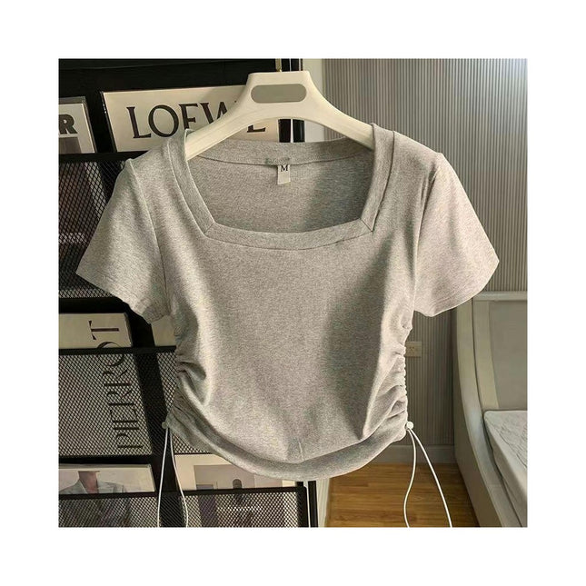 Women's Square Neck Short Sleeve Drawstring Side Slim Fit Stretchy Crop Tops