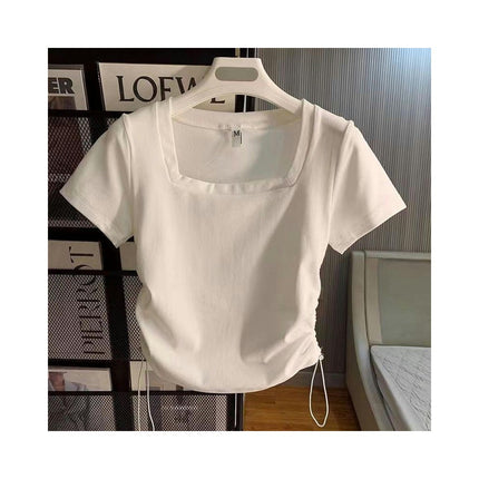 Women's Square Neck Short Sleeve Drawstring Side Slim Fit Stretchy Crop Tops