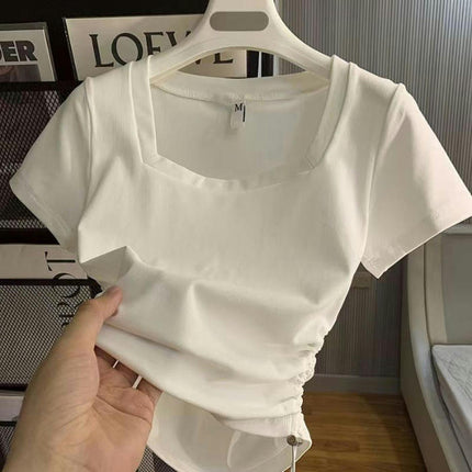 Women's Square Neck Short Sleeve Drawstring Side Slim Fit Stretchy Crop Tops