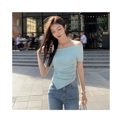 Women Off Shoulder Ruched Short Sleeve Crop Tops Asymmetrical Hem Slim Fit T Shirts