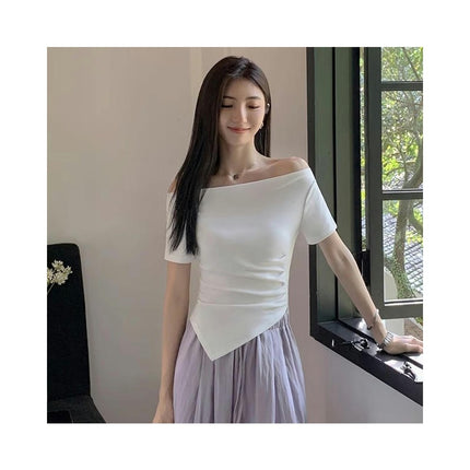 Women Off Shoulder Ruched Short Sleeve Crop Tops Asymmetrical Hem Slim Fit T Shirts