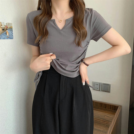 Women's Summer V Neck Short Sleeve Drawstring Slim Fit Stretchy Crop Tops