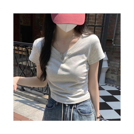 T Shirts for Women Short Sleeve V Neck Casual Ruched Slim Fitted Crop Tops