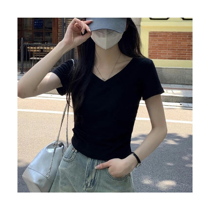 T Shirts for Women Short Sleeve V Neck Casual Ruched Slim Fitted Crop Tops