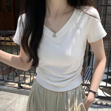 T Shirts for Women Short Sleeve V Neck Casual Ruched Slim Fitted Crop Tops