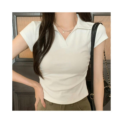 Women's Short Sleeve V Neck Collared T Shirts Summer Slim Fitted Tee Crop Tops