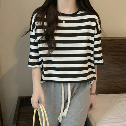 Womens Summer T-Shirts Crewneck Short Sleeve Striped Loose Fit Tops