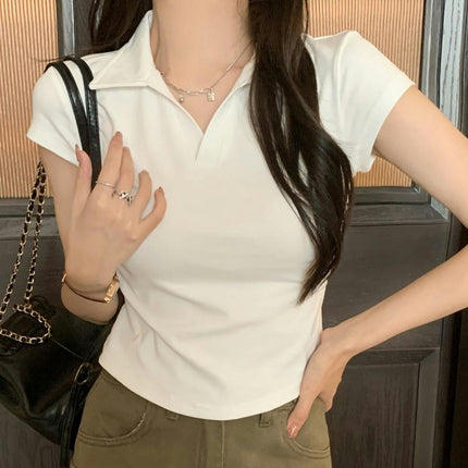 Women's Short Sleeve V Neck Collared T Shirts Summer Slim Fitted Tee Crop Tops