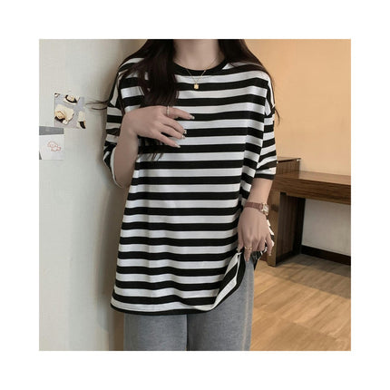 Womens Summer T-Shirts Crewneck Short Sleeve Striped Loose Fit Tops