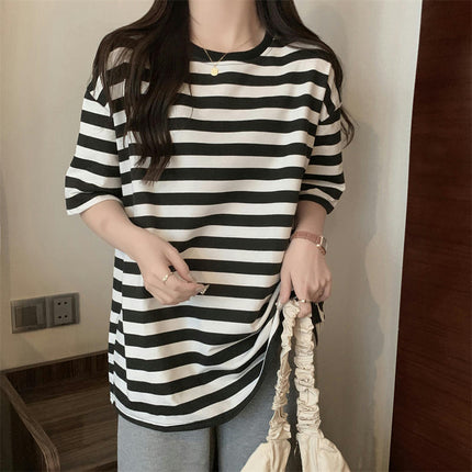 Womens Summer T-Shirts Crewneck Short Sleeve Striped Loose Fit Tops