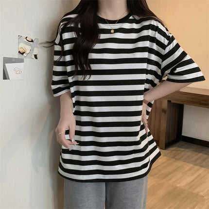 Womens Summer T-Shirts Crewneck Short Sleeve Striped Loose Fit Tops