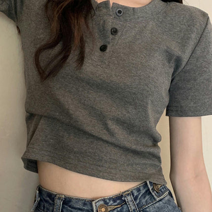 Women's Casual Basic Short Sleeve Tee Slim Fitted Button Round Neck Crop Top